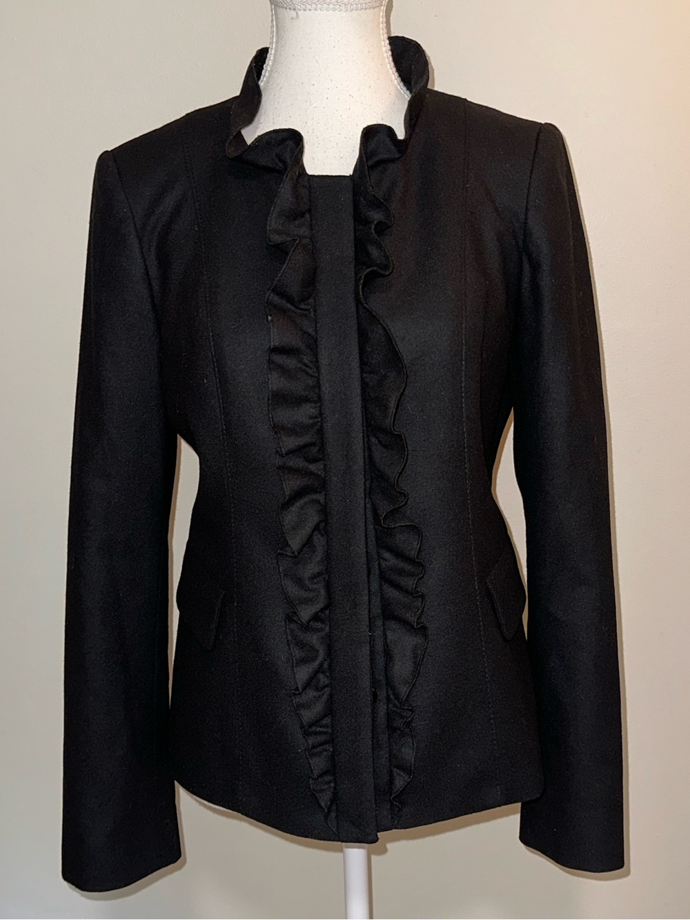 Wool Black Ruffle-Front Blazer Jacket